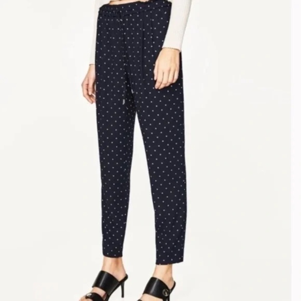 Zara Navy White Polka Dot Pull On Ankle Pants Pockets Size M